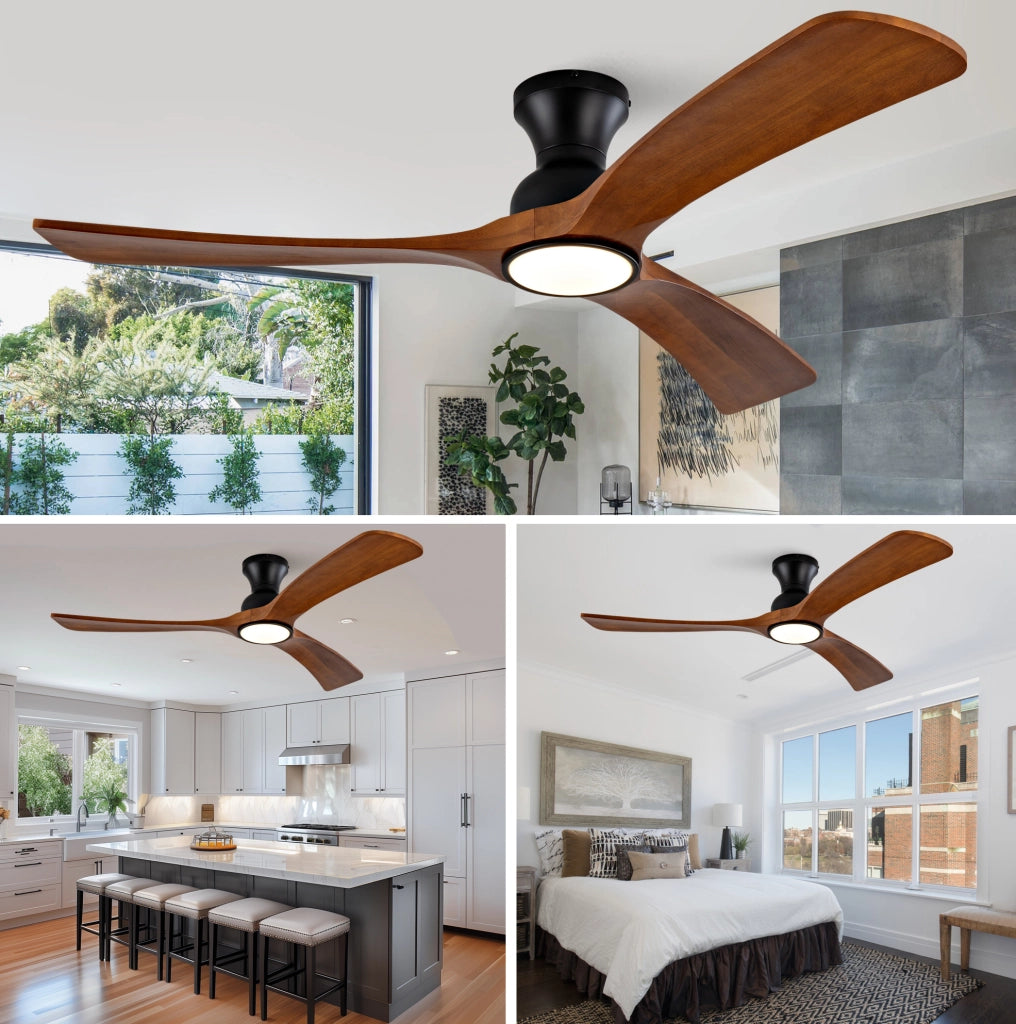 Ventilatore da soffitto con luce LED; 52 pollici; 3 pale in legno noce scuro; nero