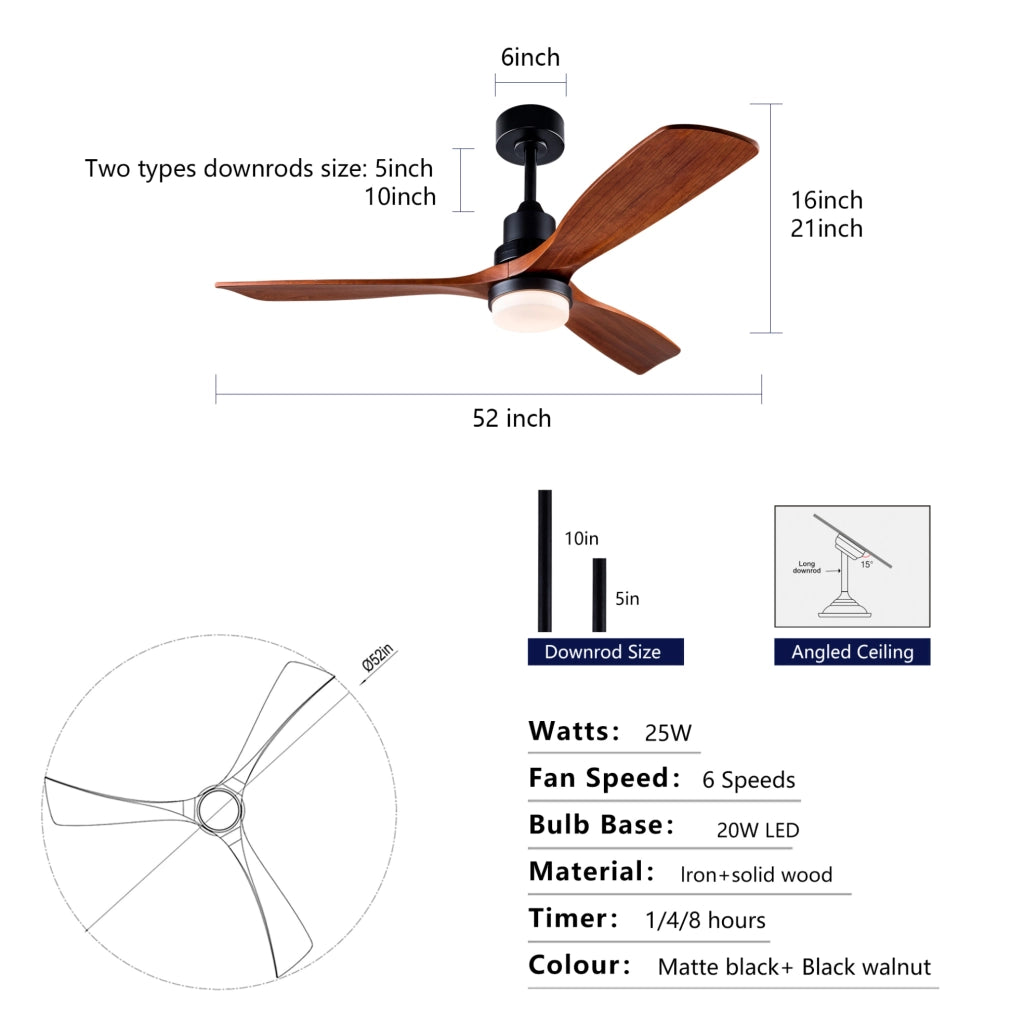 Ventilatore da soffitto con luce, telecomando, pale in legno massello, nero e noce scuro