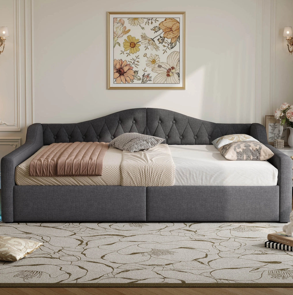 Letto da giorno imbottito 140x200 cm grigio con LED laterali e vano contenitore