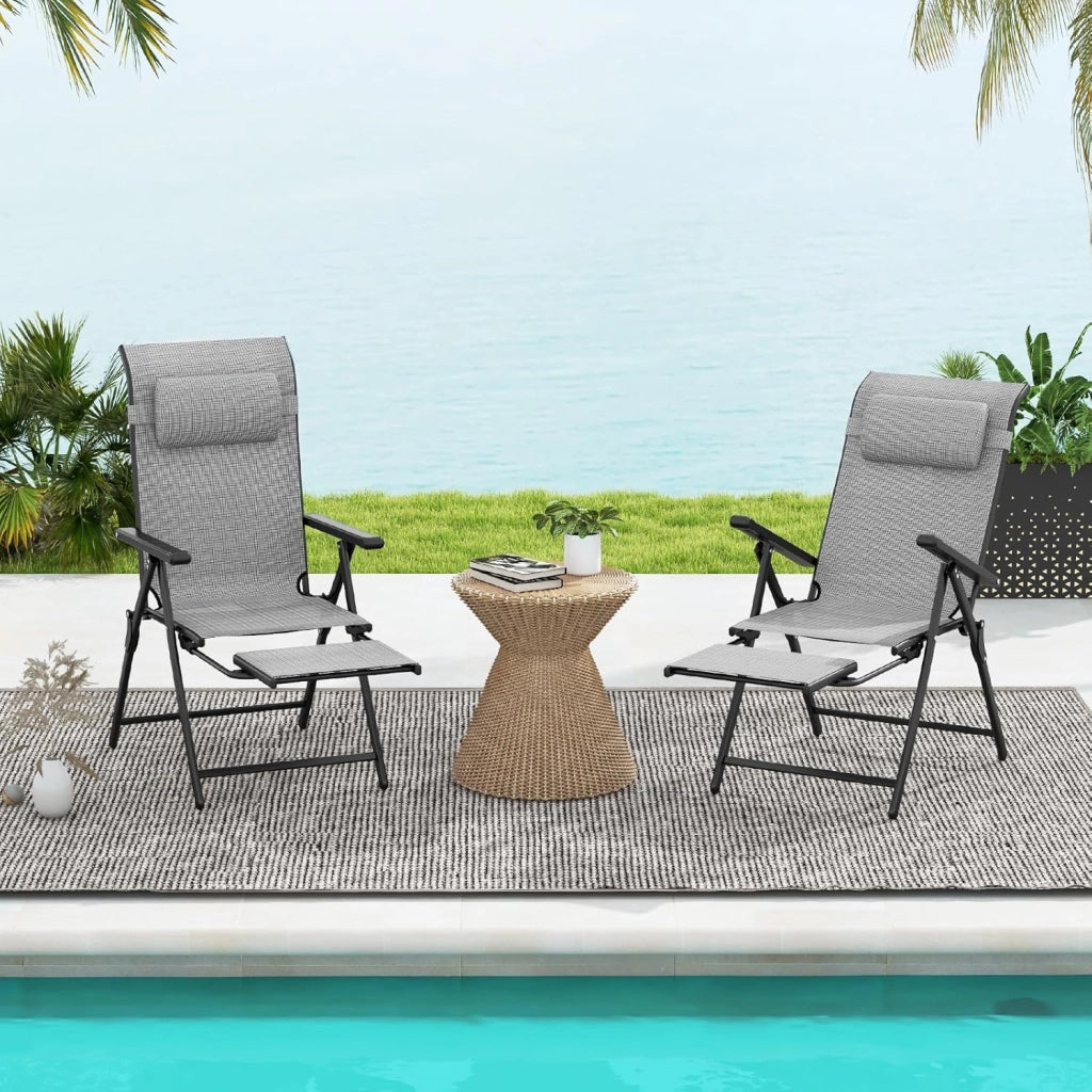 Set di 2 Sedie Pieghevoli da Patio, con Schienale Regolabile a 10 Posizioni e Braccioli, Poggiapiedi Retrattile, Cuscino per Testa, Sedie Reclinabili per Giardino, Piscina, Spiaggia