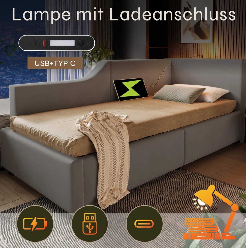 Letto a giorno imbottito 90x200 cm in velluto grigio con contenitore; lampada da lettura e USB-C