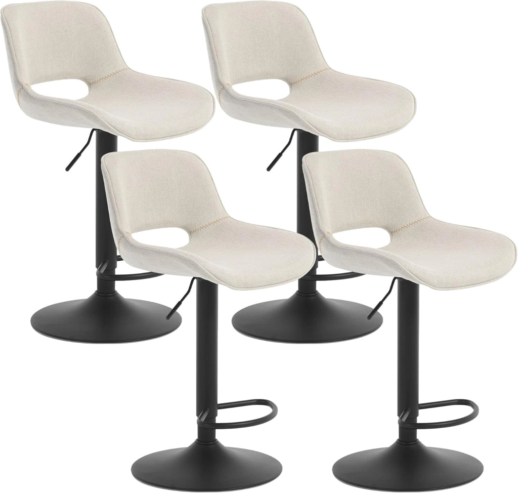 Set di 4 Sgabelli da Cucina, Sedia da Bar in Lino, Sgabello Regolabile in Altezza, con Schienale, Seduta Imbottita Girevole a 360°, per Bistrot, Pub, Base in Metallo, Blu, BH438bl-4