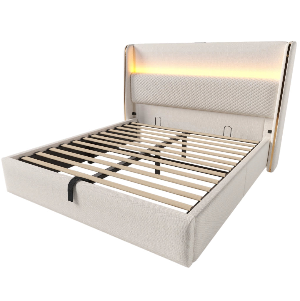 Letto matrimoniale con contenitore 160x200 cm in lino beige; LED e porte USB Type-C; con materasso
