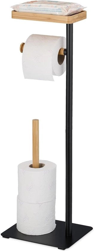 Sostegno per carta igienica con pannello - Sostegno per carta igienica per rotoli di riserva - Acciaio e bambù - Nero naturale
