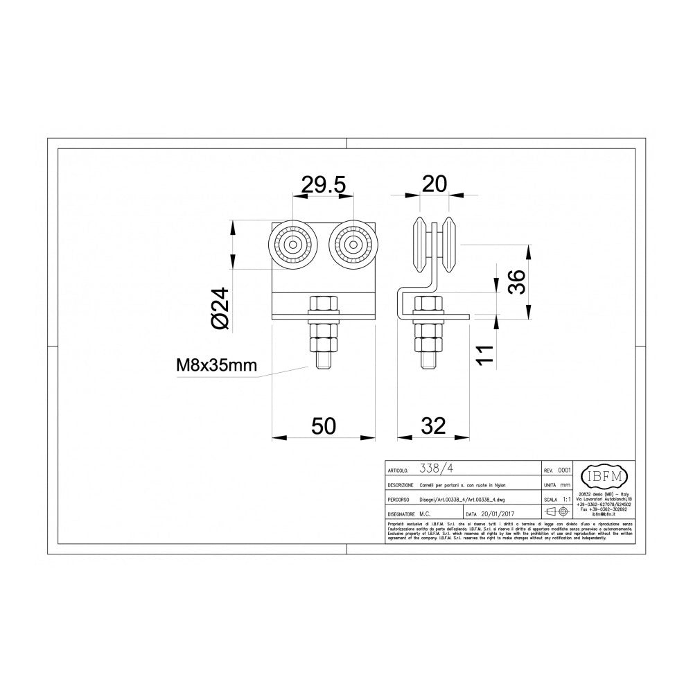 Ibfm art. 338/4 carrello in acciaio zincato con staffa e 4 ruote da 24m per monorotaia 339p