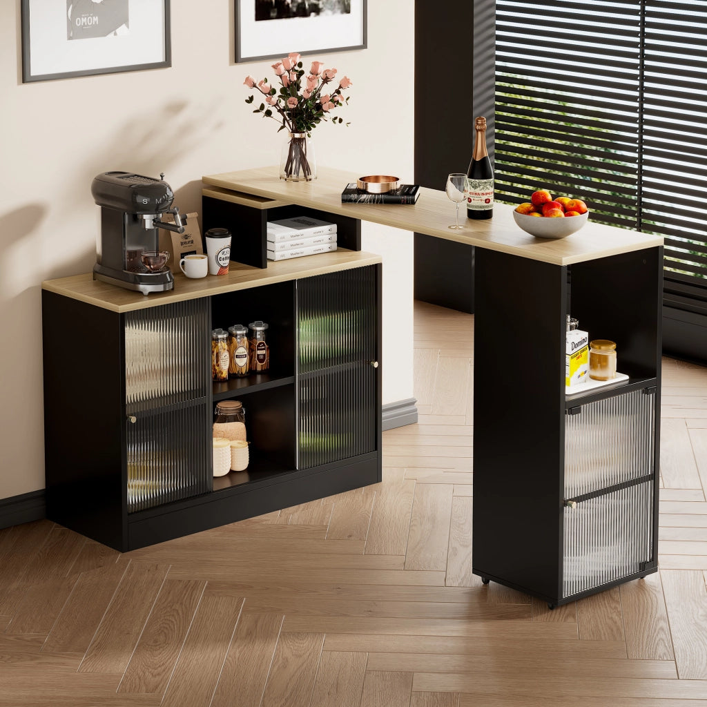 TAVOLO BAR ESTENSIBILE CON CONTENITORE, MDF E VETRO, NERO