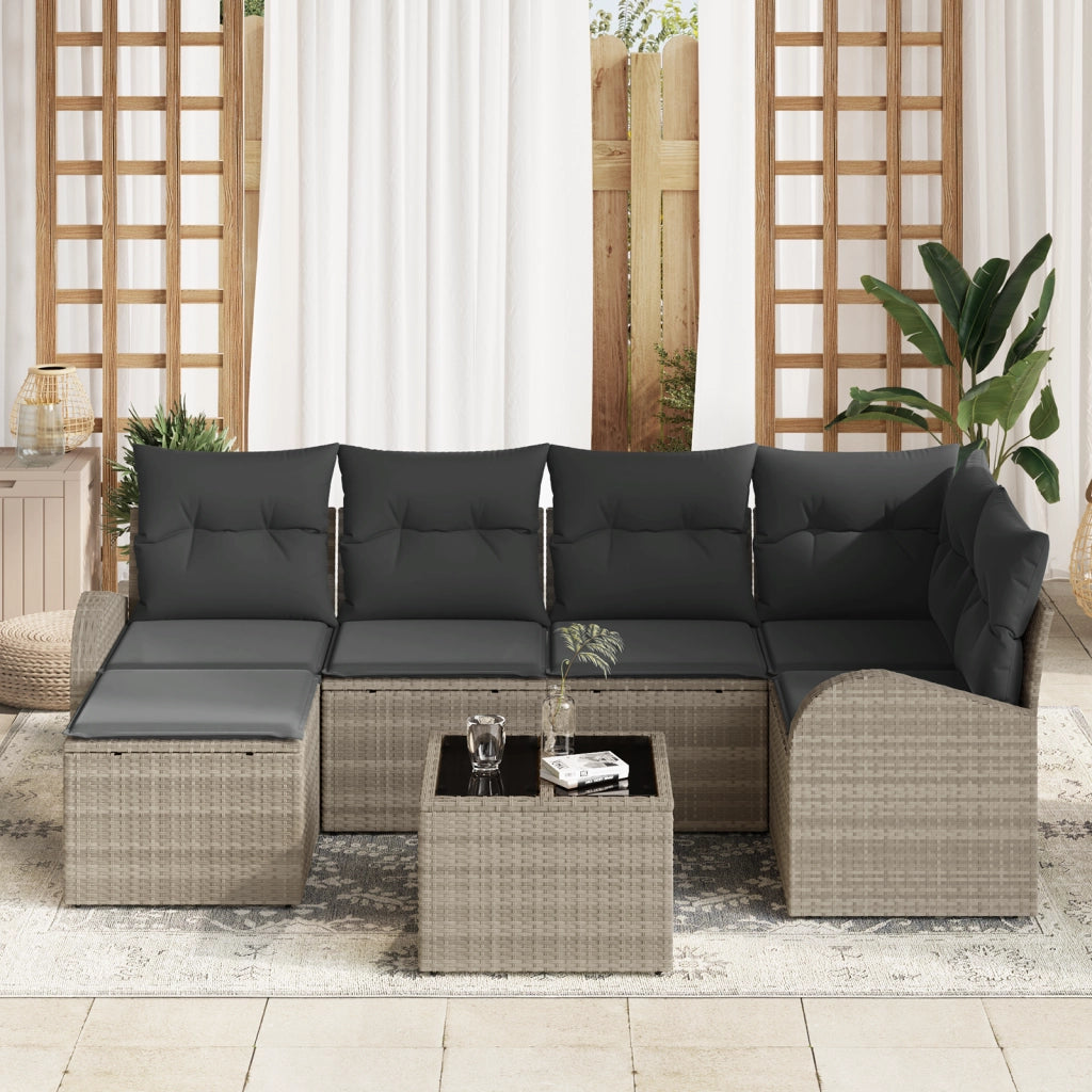 Set divano giardino 7 pezzi con cuscini grigi in polirattan
