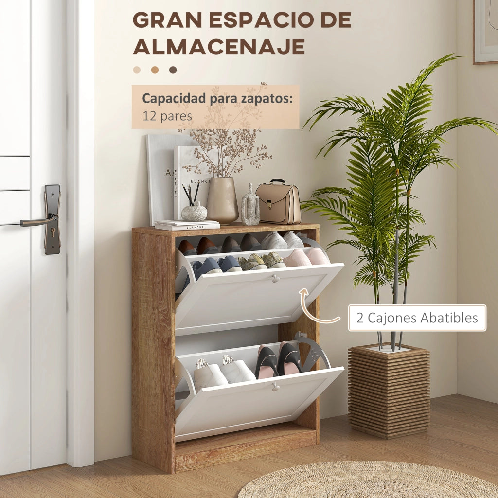 Mobiletto per Scarpe con 2 Ante e Ripiani Regolabili ¨C Zephmum ¨C 60x24.5x75.5 cm Legno Naturale e Bianco