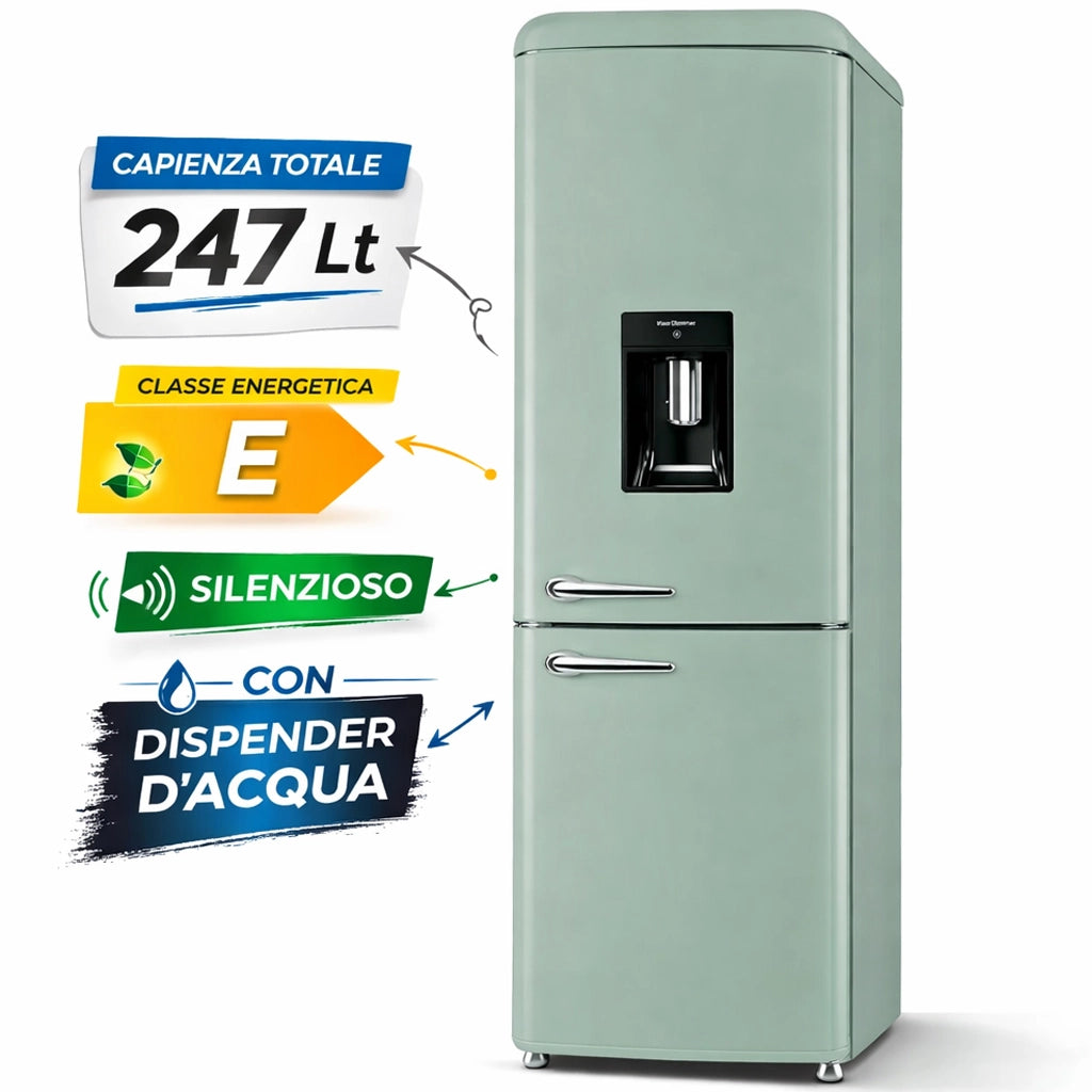Frigorifero Combinato Vintage Doppia Porta 247Lt Verde con dispenser d'acqua