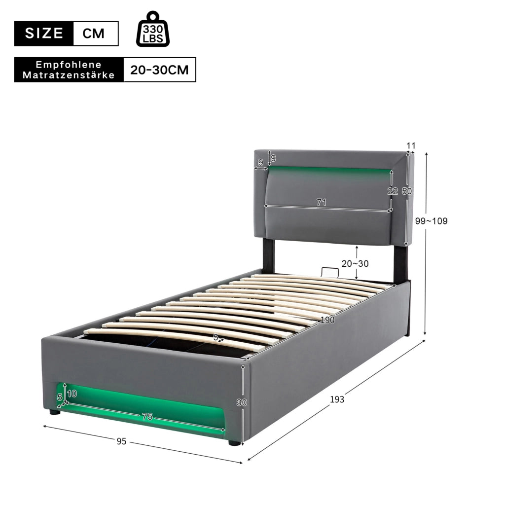 Letto imbottito 90x190 cm; USB e LED; con spazio contenitore; PU grigio (Senza materasso)
