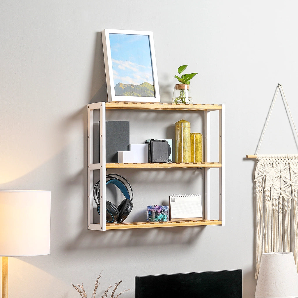 Libreria a Parete con 3 Ripiani Flottanti in Bamb¨´ ¨C Minimal ¨C 60x15x54 cm Bianco e Naturale