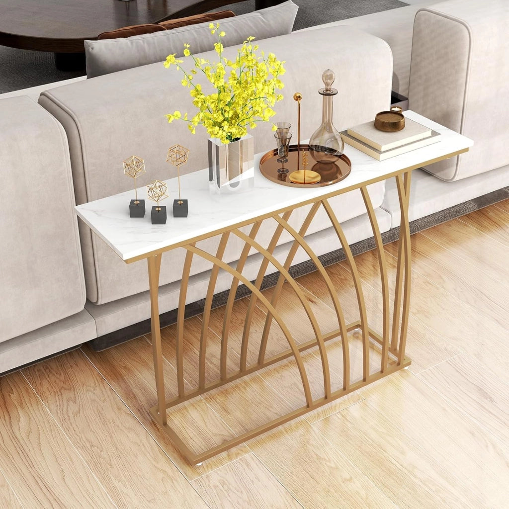 Tavolo Consolle, Tavolo da Ingresso Moderno con Piano Effetto Marmo Bianco, Base Geometrica, Tavolo Lungo e Stretto da Divano per Soggiorno e Ingresso