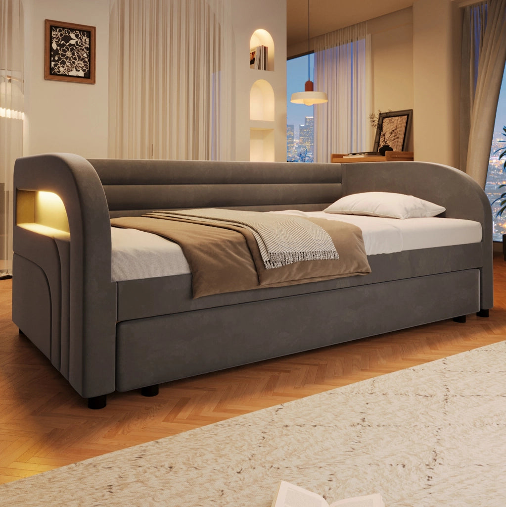 Letto imbottito 90x200 cm con letto estraibile e LED; grigio