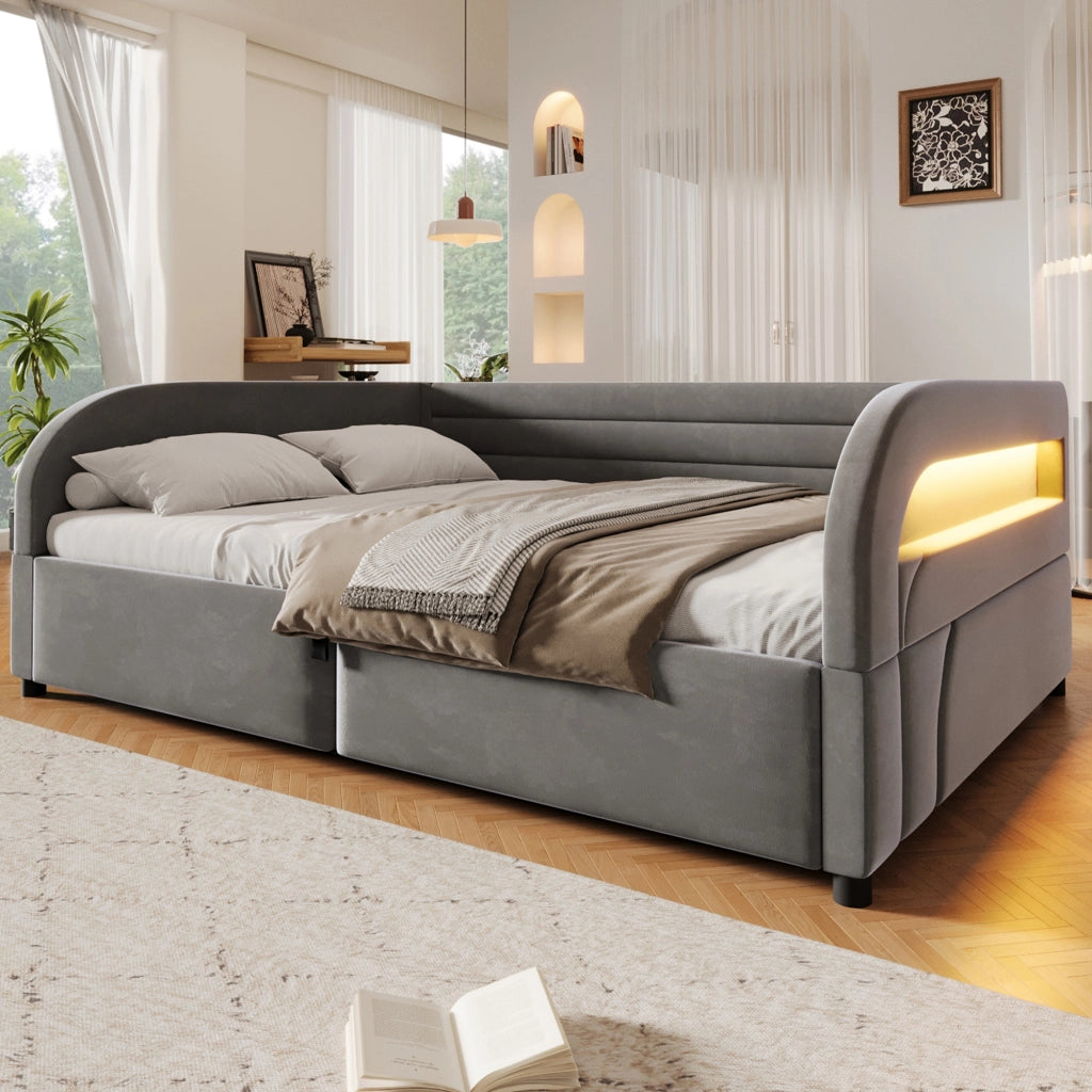 Letto Contenitore 140x200 cm con Sollevamento Idraulico; LED e Rivestimento in Flanella Grigia