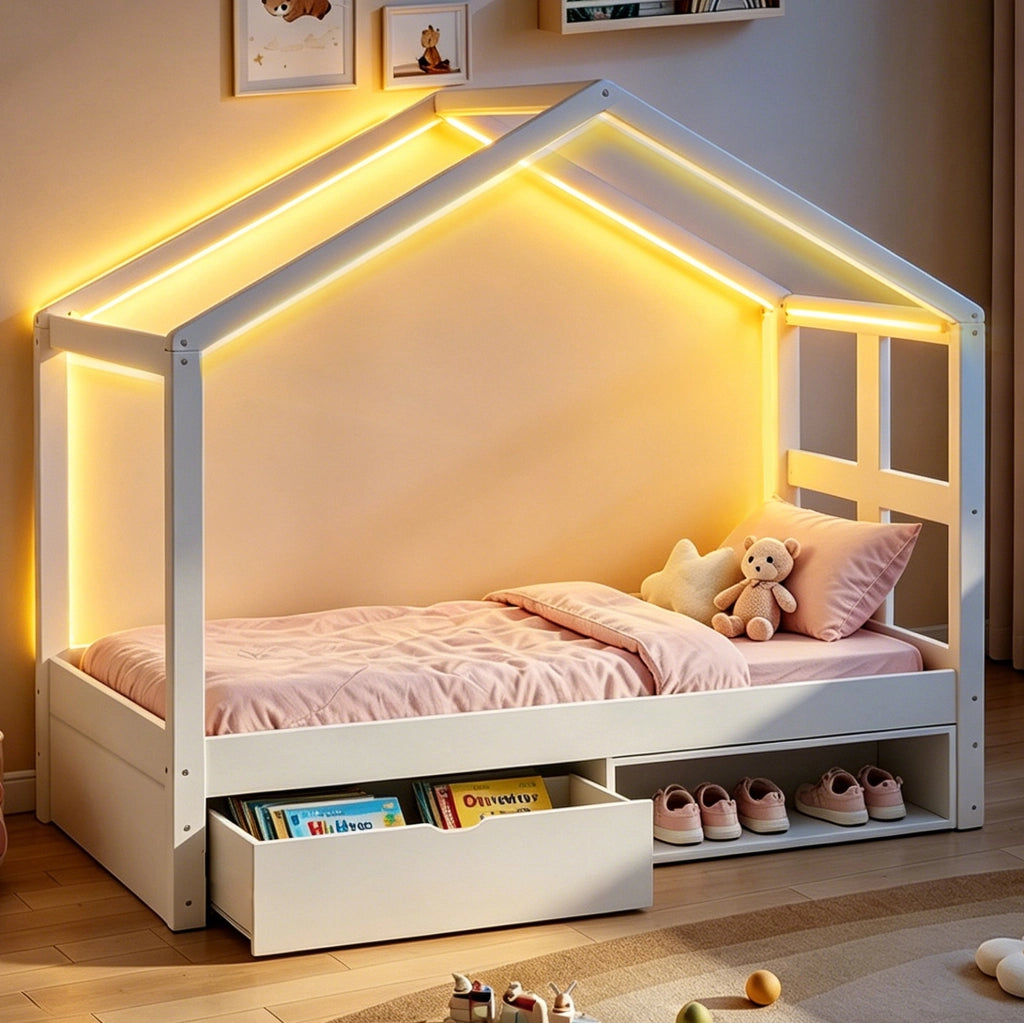 Letto singolo multifunzionale con cassetto, scarpiera e illuminazione LED
