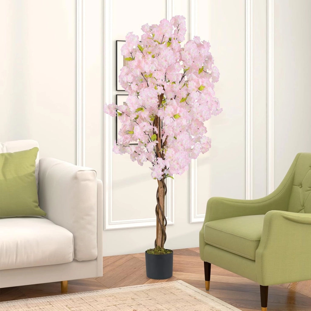 Set di 2 Piante Artificiali di Sakura, Pianta Artificiale 150 cm in Vaso, Falso Albero di Ciliegio con Fiori Rosa, Albero Artificiale Decorativo per la Casa