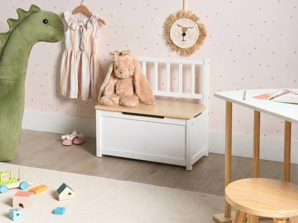 Panca contenitore per camera bambini in compensato di pino bianco e marrone chiaro, stile scandinavo per bambini