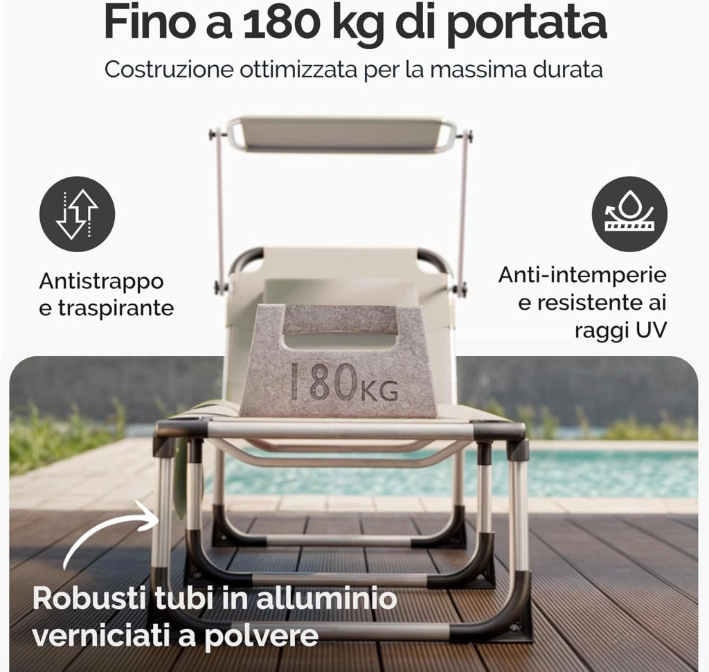 ® Lettino Prendisole Pieghevole Malta 210x61cm con Tettuccio Carico Max. 180kg Sdraio da Giardino Mobili Esterno