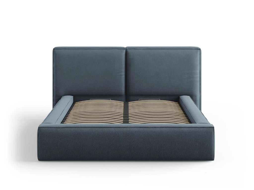Cosmopolitan Design - Letto a cassettone con testiera doppia "Arendal" 140x200cm in tessuto strutturato blu 
