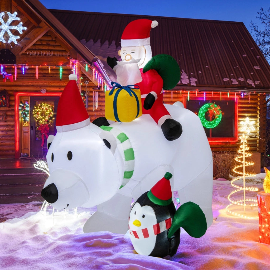Albero artificiale aghi pino led e babbo natale gonfiabile orso, Albero natale pieghevole bianco caldo e gonfiabile di natale-Natale