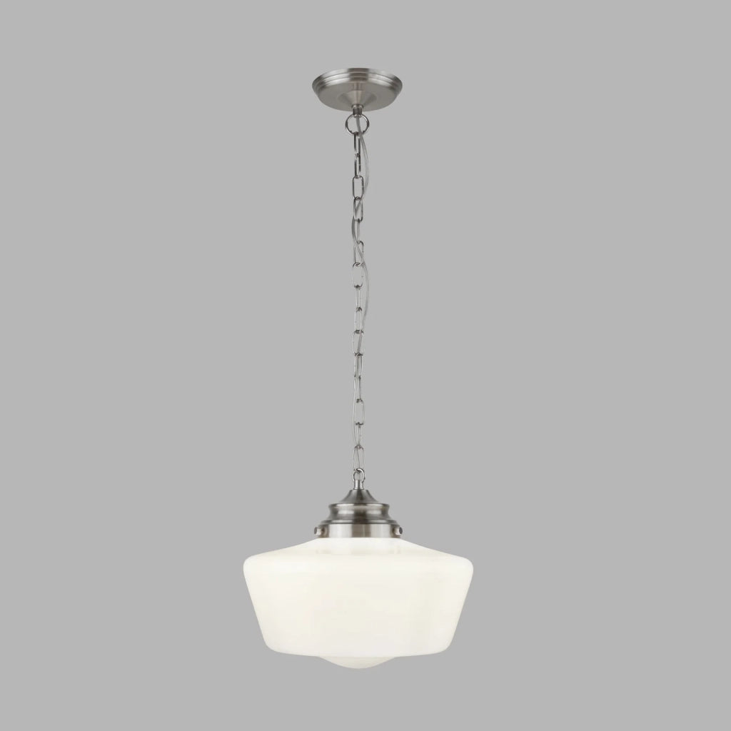 Sospensione Contemporanea School House Acciaio Argento Vetro Bianco 1 Luce E27