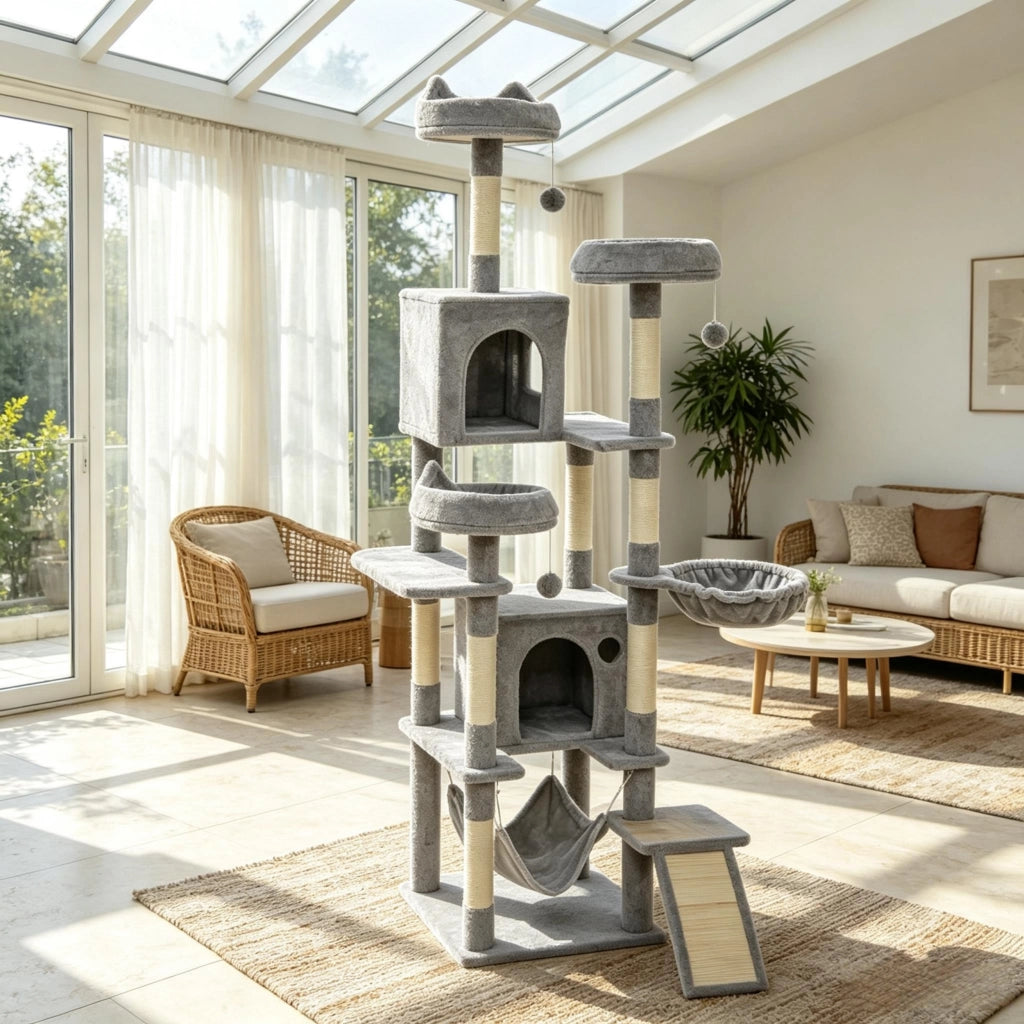 Albero tiragraffi a torre per gatti, con 8 pali per graffiare, 4 piattaforme, 2 nicchie, scaletta e 3 palline gioco, altezza totale 192 cm.