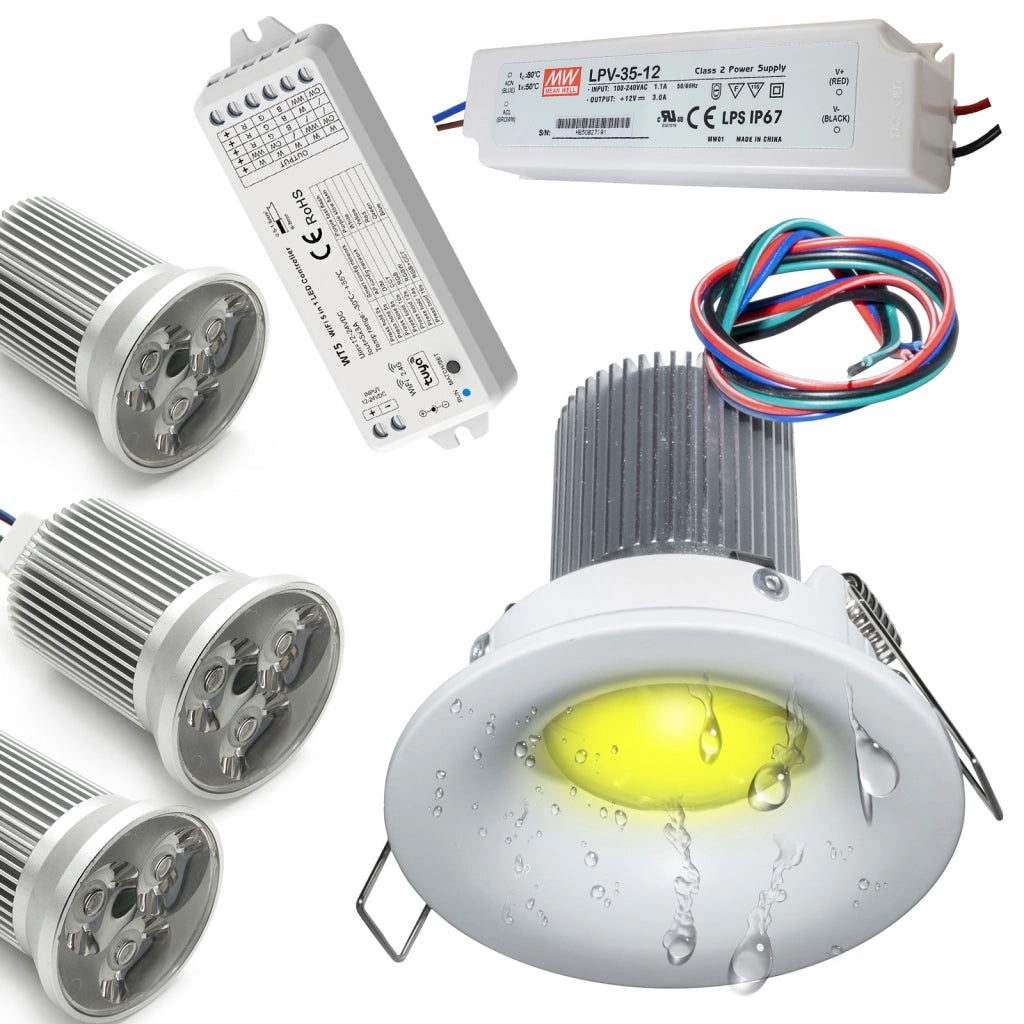 KIT 3 faretti cromoterapia LED RGB IP65 incasso box doccia 27W 12V centralina smart WiFi google alexa sauna TONDO