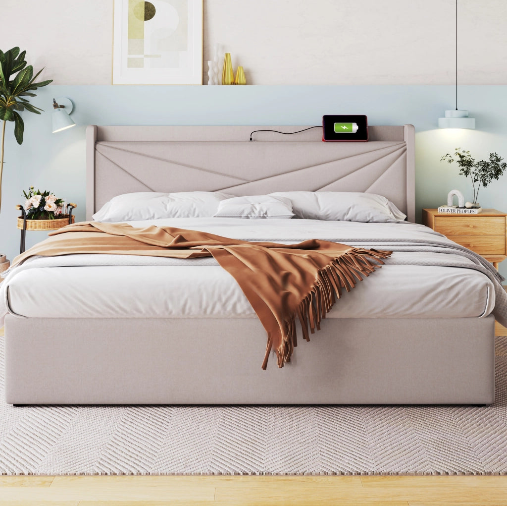 Letto matrimoniale contenitore 140x200 cm con USB e Type-C; testiera in cotone lino beige
