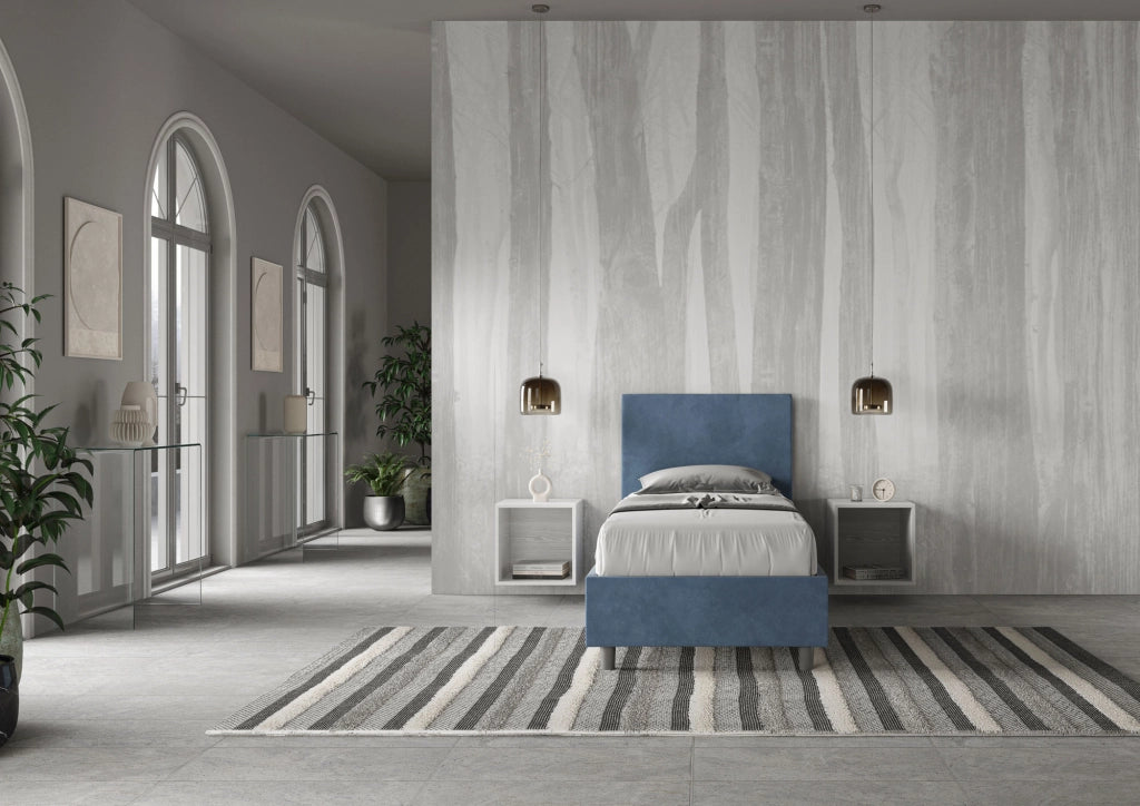 BS COM Letto singolo senza rete imbottito 90x210 microfibra blu
