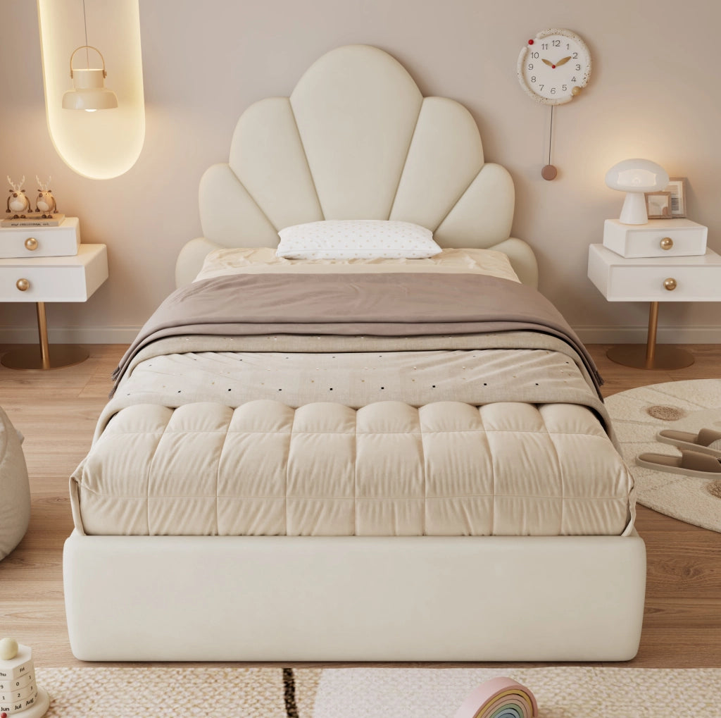 Letto imbottito singolo beige con testiera a petali, 90 x 200 cm