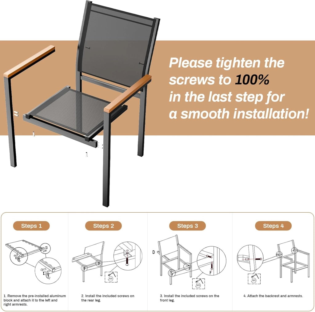 Sedie Da Giardino set da 4, Sedia impilabile per sala da pranzo in alluminio, Corrimano in WPC, Sedie Da Esterno Per Esterni, per terrazza, balcone, terrazza, piscina, ristorante, Nero