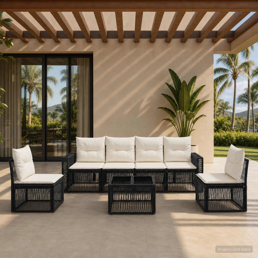 Set Divano da Giardino 7 pz Nero e Bianco Crema polyrattan 3435088