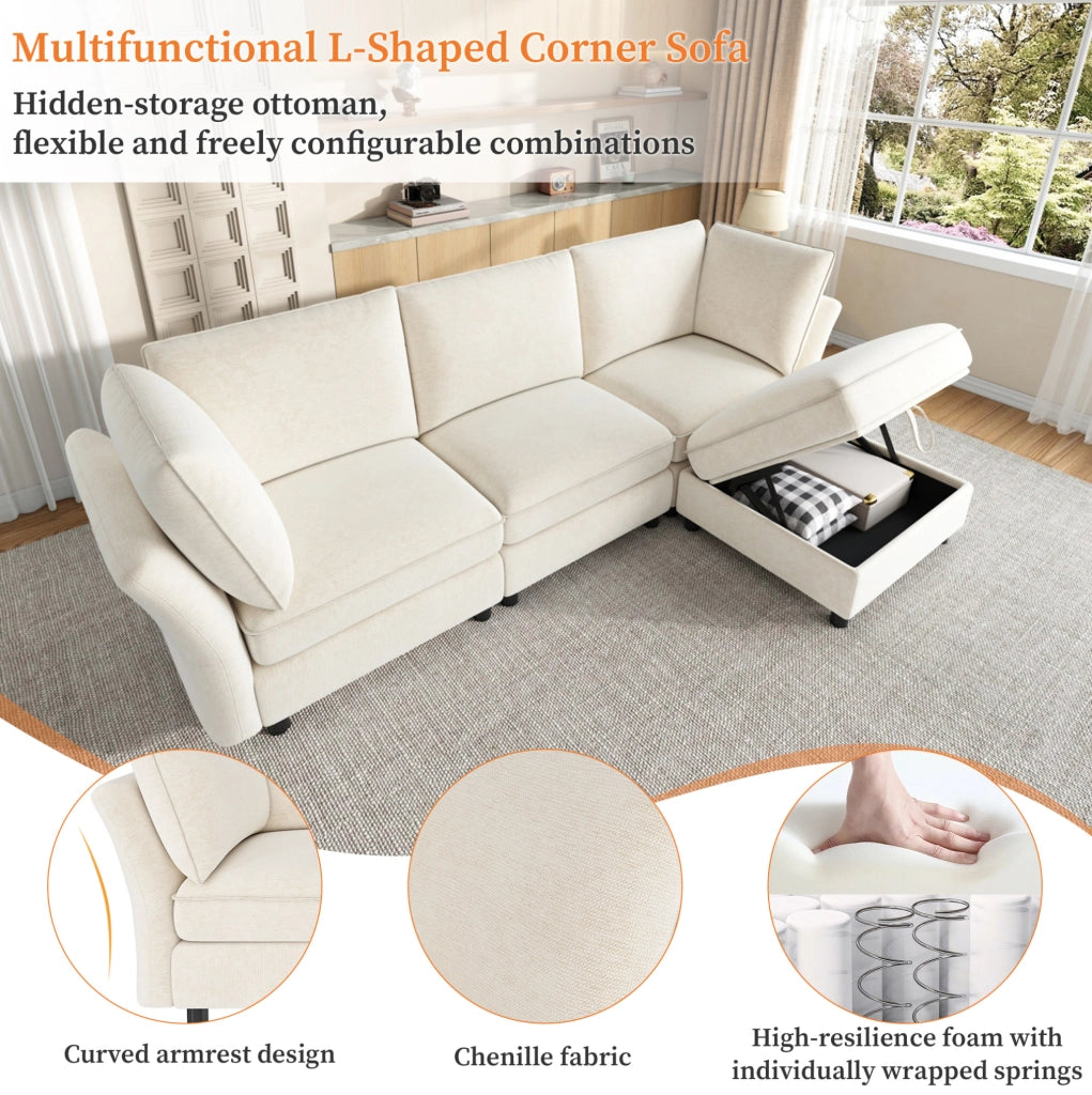 Divano modulare ad angolo a L con pouf contenitore, tessuto chenille beige, 4 posti, con 2 cuscini bracciolo