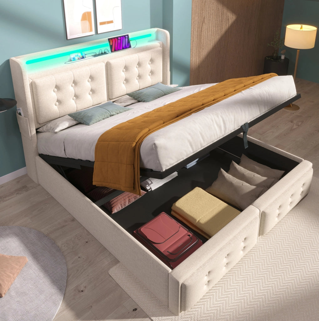 Letto matrimoniale 140x200 cm con contenitore; LED; prese e USB-C; tessuto cotone lino beige