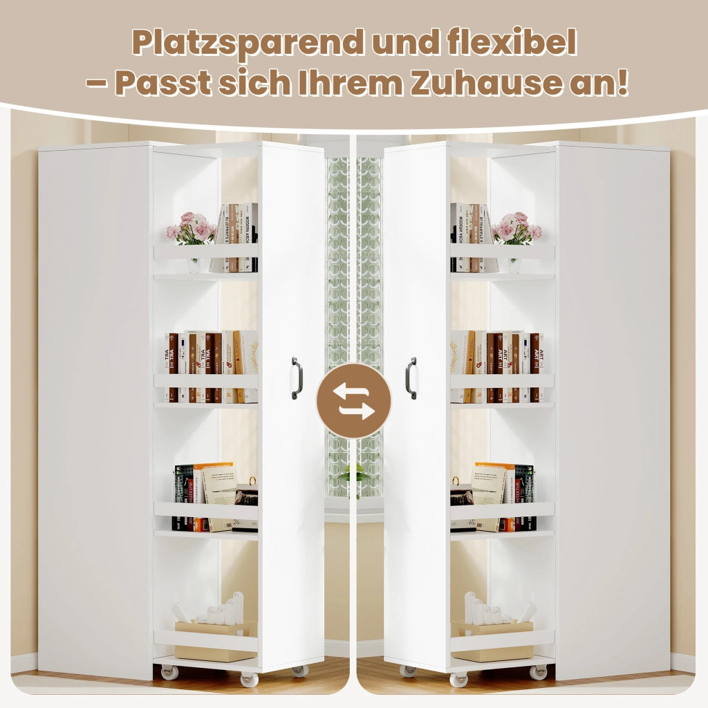 Libreria stretta con ruote e box protettivi; sponde di sicurezza in MDF bianca per libri A4 40 × 30 × 160.5 cm