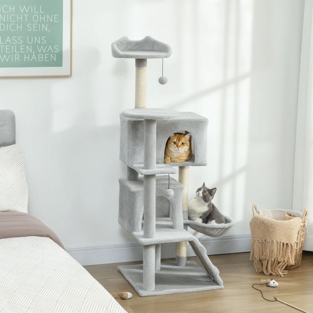 Albero tiragraffi per gatti con piattaforme letto e amaca ¨C Zephmum ¨C Grigio chiaro 140 cm