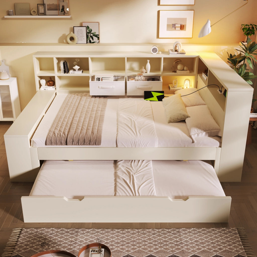 LETTO estraibile 140x200 cm legno bianco con 8 vani portaoggetti e porte USB