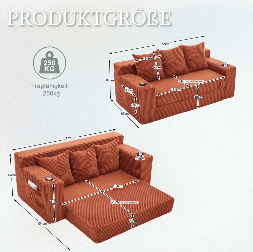 Divano modulare a pavimento 2 posti 172x87x64 cm in velluto a coste arancione