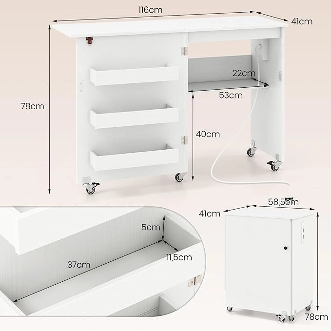 Mobile per Macchina da Cucire Pieghevole, Tavolo da Cucito con Stazione di Ricarica, Ruote Bloccabili, Ripiano e Contenitori (Bianco, 116 x 41 x 78 cm)