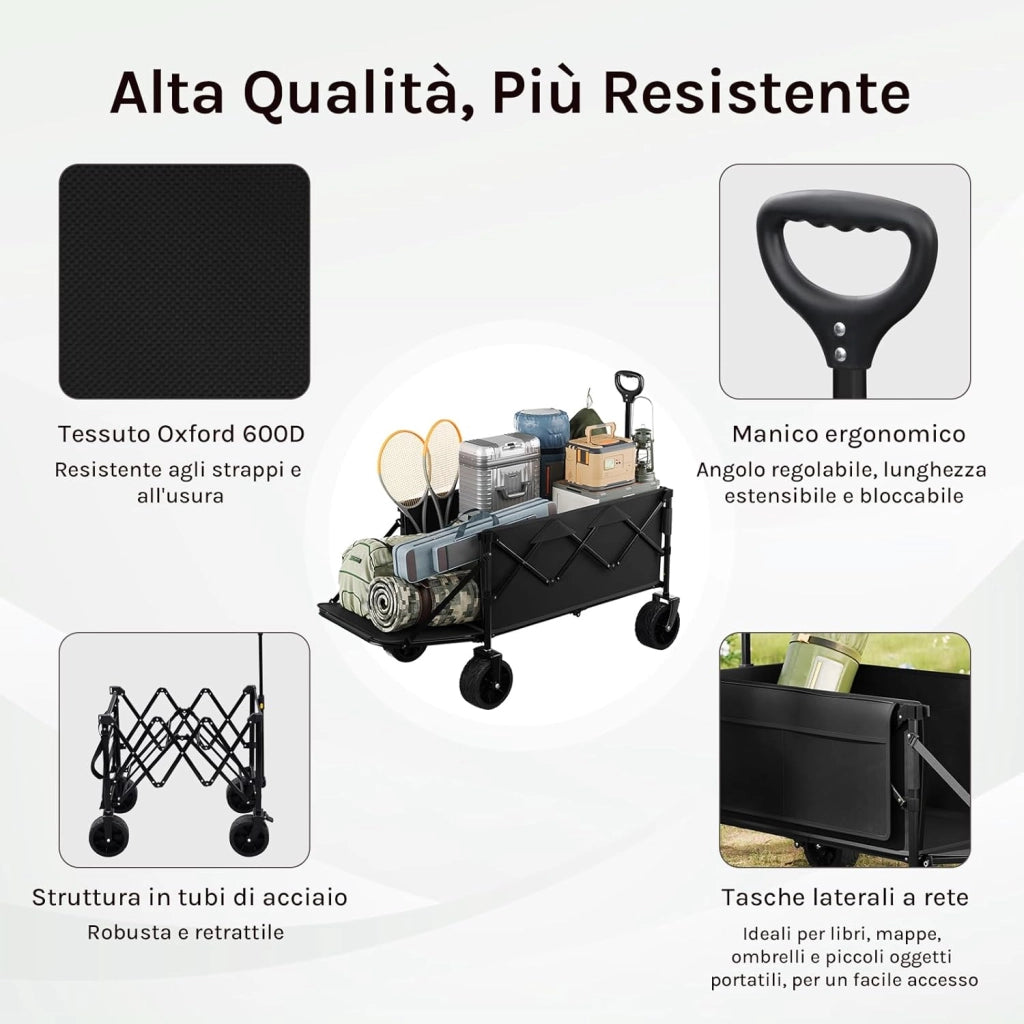Carrello Pieghevole Portatutto, Carrellino da Giardino con Portellone Posteriore e Ruote per Tutti i Terreni con Freno, Capacità di Carico Fino a 150 kg, Nero
