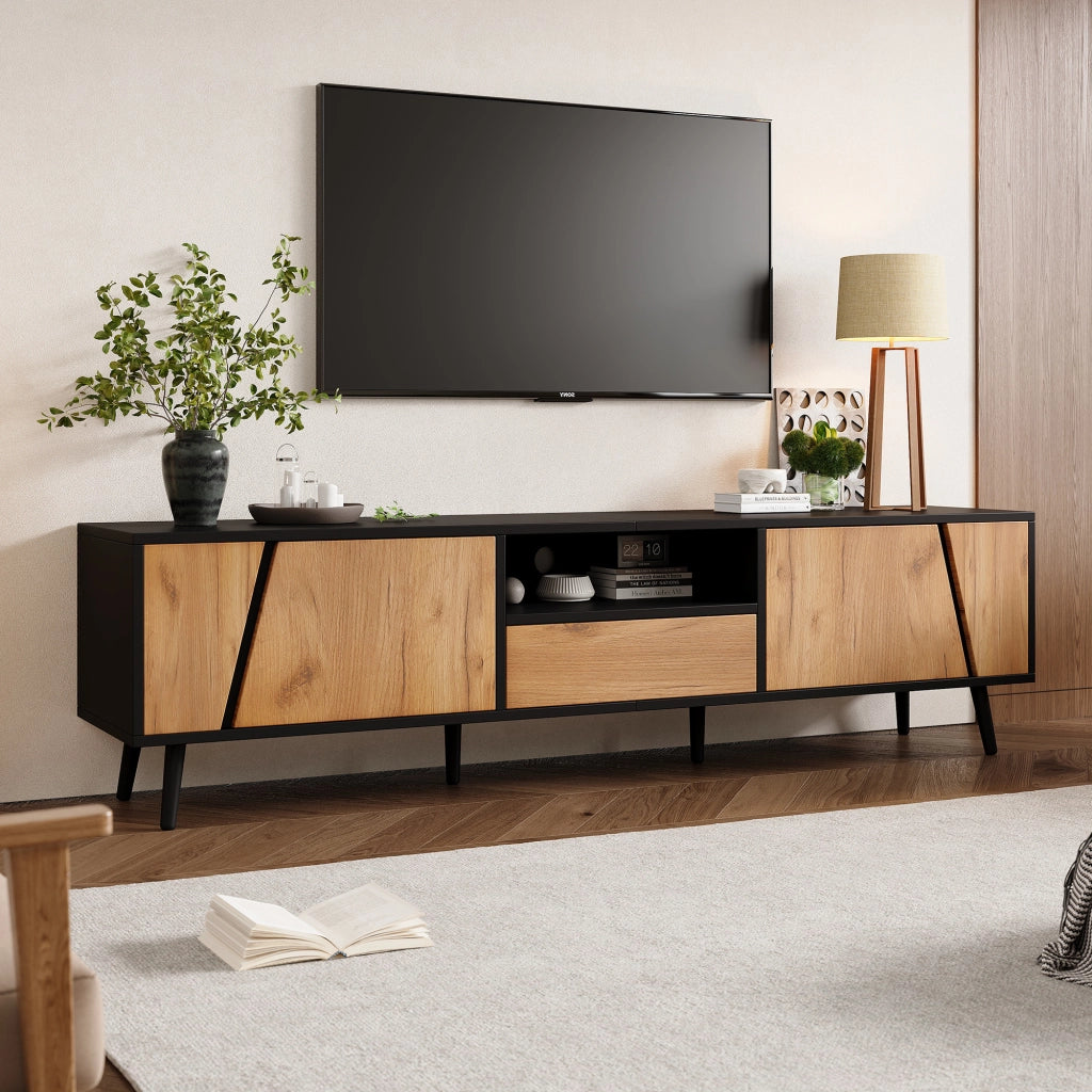 OKWISH Mobile TV con 2 Ante, 1 Cassetto e 1 Vano Aperto, per Soggiorno, 180 x 40 x 46 cm, Nero e Naturale