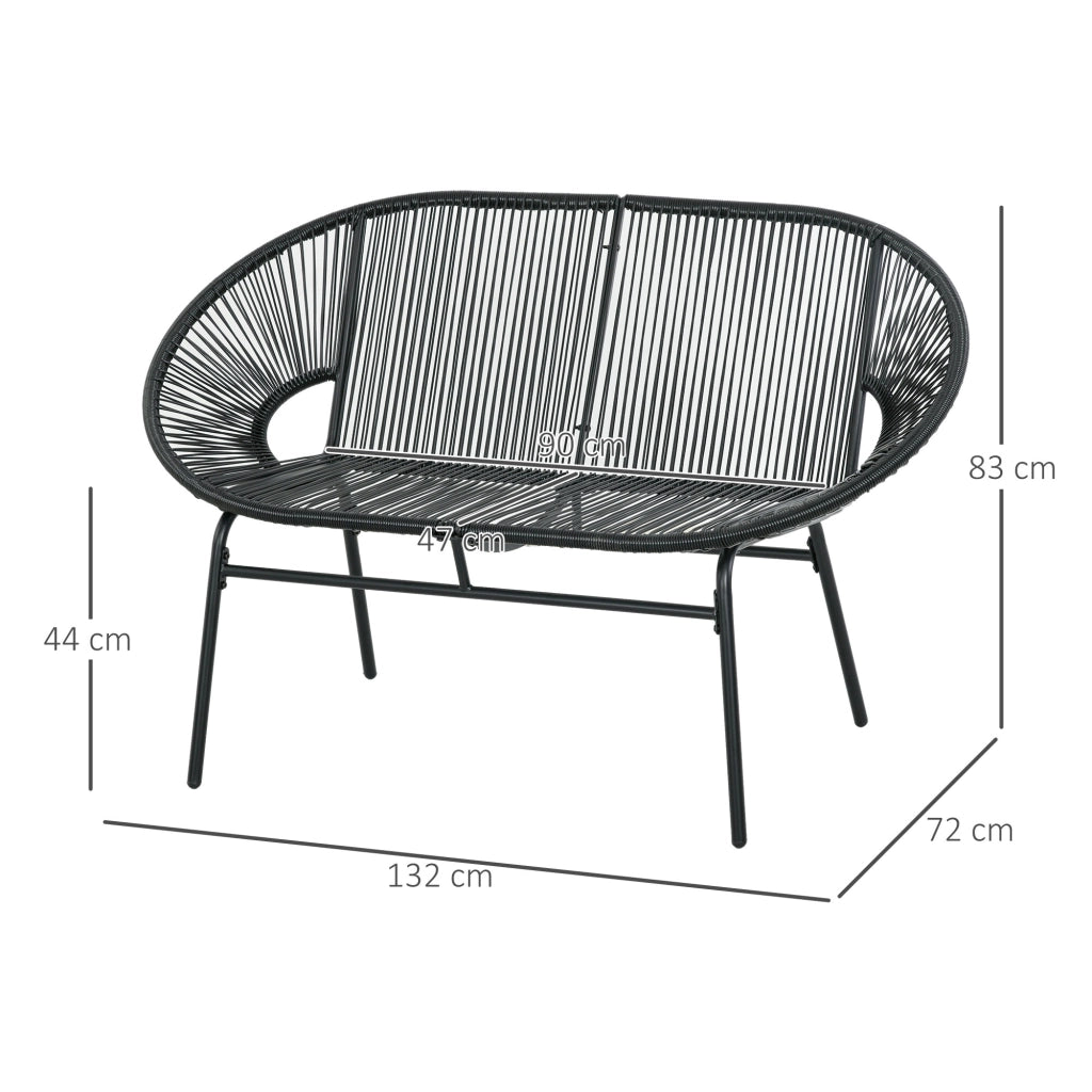 Panca Da Giardino Due Posti In Rattan Nero 132 X 72 X 83 Cm Per Veranda E Balcone