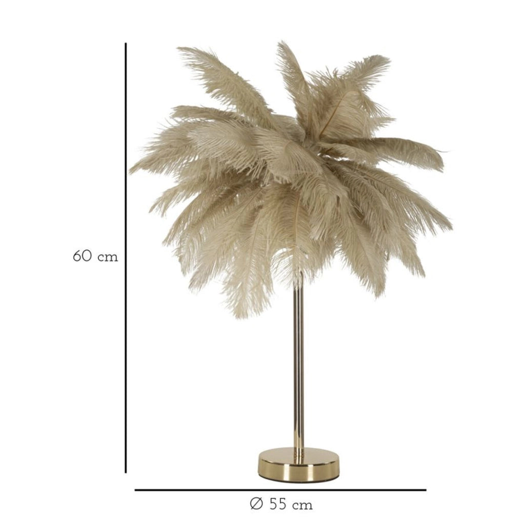 Lampada da tavolo Palm cammello in metallo dorato con piume di struzzo