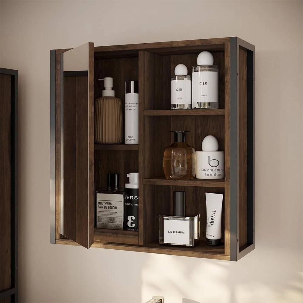 Specchio contenitore bagno Naola, Quercia/nero, 62.2 x 62.5 cm con 1 porta a specchio, per la conservazione di articoli da bagno e asciugamani
