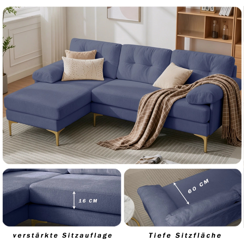 Divano angolare reversibile a 3 posti con cuscini imbottiti, braccioli larghi, struttura in legno, in tessuto chenille blu