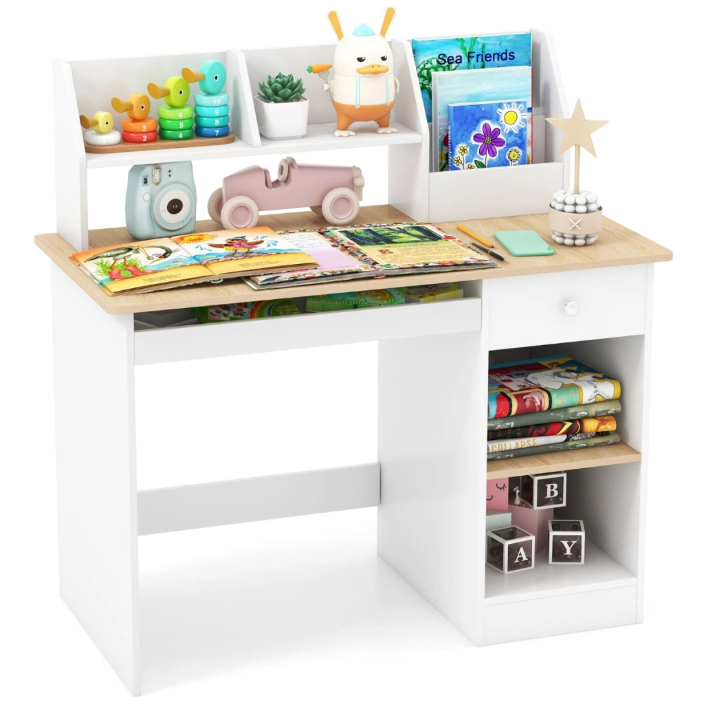 Scrivania da studio in legno per bambini e adolescenti, Postazione per computer con vetrina libreria cassetto Naturale-Scrivanie