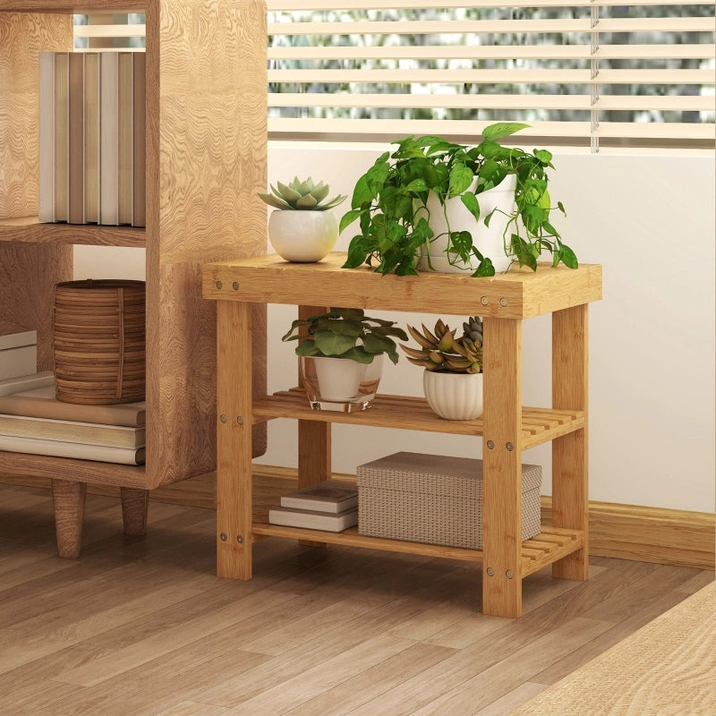 Panca portascarpe in bambù con seduta e 2 ripiani, 50x28x45 cm, colore naturale