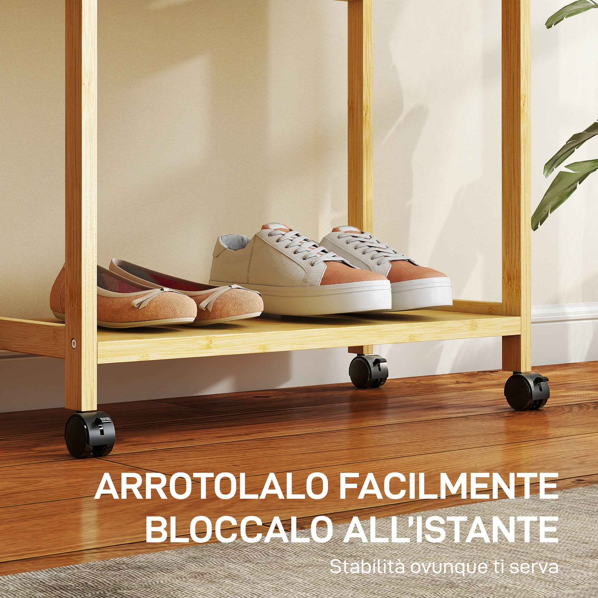 Stand Appendiabiti da Terra 70x35x175 cm con Barra Ripiani e 4 Ruote in Bambù Legno Naturale