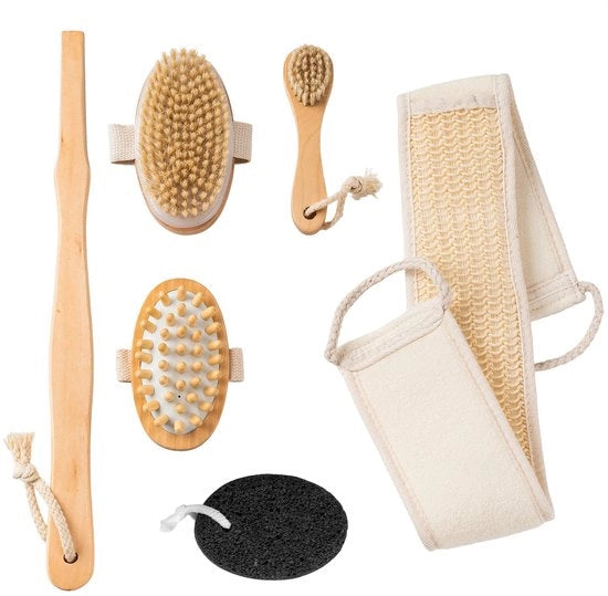 Set di 6 setole secche - spazzola del corpo con manico in legno lungo, pietra pomata, spazzola per il viso e guantone esfoliante, spazzola per il bagno con setole di castoro per l'esfoliazione sotto la doccia, rimovibile