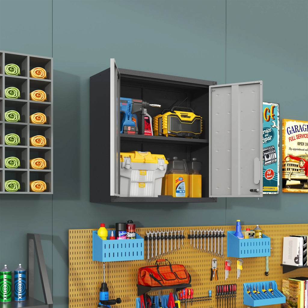 Pensile in metallo con 2 ante e 1 ripiano regolabile con serratura, per garage e ufficio, nero e grigio, 75 × 30 × 77 cm